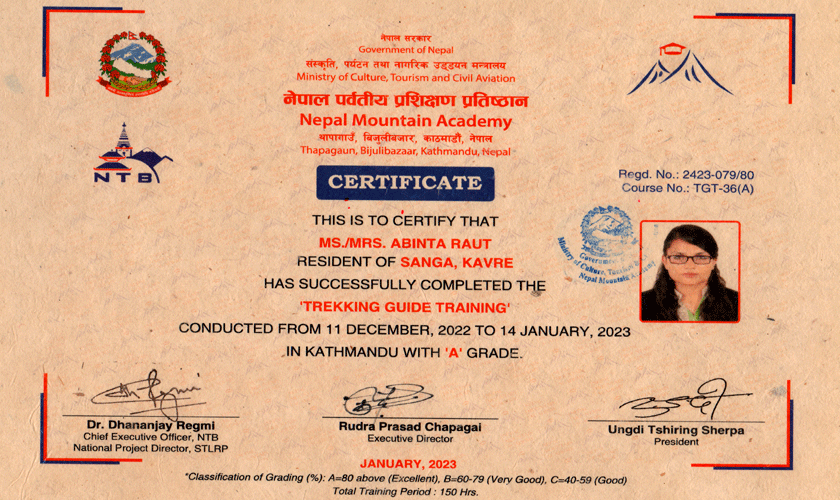 Abinta trekking guide certificate 